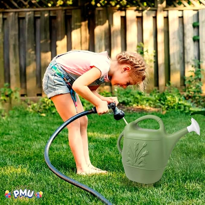 PMU 2 Gallon Watering Can - Garden Watering Can for Indoor & Outdoor Plants - Plastic Water Can with Detachable Sprinkler Head - Large Water Pot, Made in USA - Sage Green Pkg/3