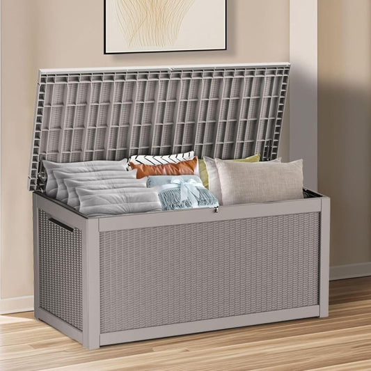 320 Gallon Waterproof Deck Box, Lockable Resin Storage Box for Patio Furniture Cushions Garden Tools and Outdoor Delivery Storage, Coffee