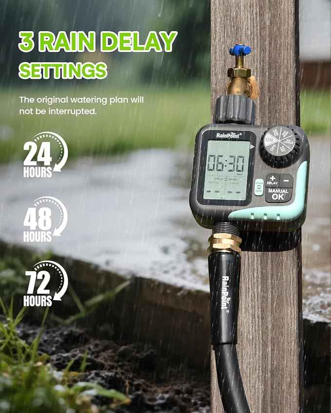 RAINPOINT Sprinkler Timer - Cycle & Soak Water Timer for Garden Hose with Rain Delay/Automatic Watering/Manual Watering, Programmable for Lawn, Yard, Irrigation System, Outdoor