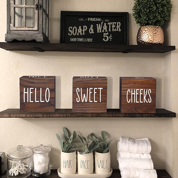 Farmhouse Bathroom Decor, Wooden Cute Restroom Home Decoration, Funny 4-Sided Mordern Rustic Bathroom Blocks, Nice Butt&Get Naked&Hello Sweet Cheeks&Wash Your Hands Sign, Brown 2.8"