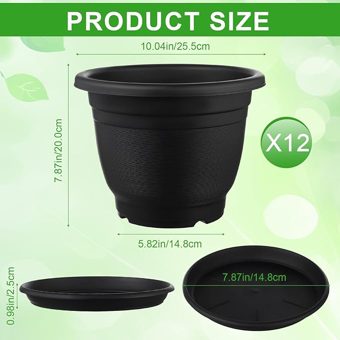 12 Pack 10'' Plastic Plant Pots Round Planter Pots with Saucer Tray Seedling Pot Hole Seed Resin Plant Pot Starting Nursery Flower Container with Pallet for Garden Outdoor Indoor(Black)