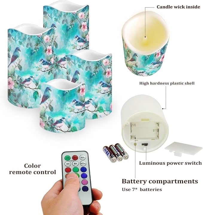 Ystardream Light Candles 4 Pack Battery Operated Color Changing Timer Remote Control Fake Pillar Tealights Beach Wedding Home Indoor Decor Modern Hummingbirds