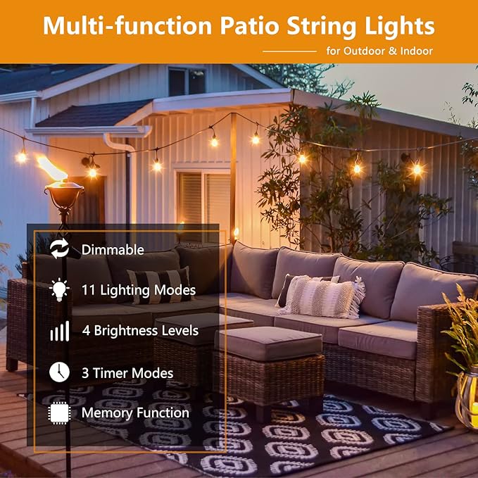 Voolex Outdoor String Lights 52FT Cold Light and Warm Light 2 Colors Changing Switch Waterproof 30V LED Bulbs Shatterproof with Remote Control for Party Patio Decoration Garden