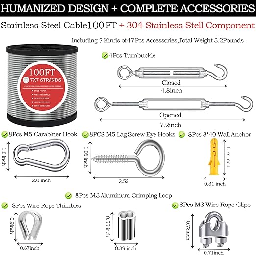 1/8" Wire Rope,100FT 304 Stinless Steel Cable with M5 Turnbuckle-Gardening,Aircraft,Picture Hanging, Clothesline Wire