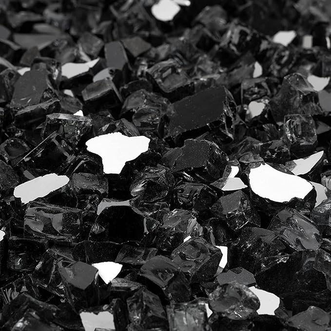 Mr. Fireglass 20 Pounds Black Reflective Fire Glass, 1/2 Inch High Luster Reflective Tempered Glass Rocks for Fire Pit Table Fireplace and Landscaping, Decorative Propane Gas Fireplace Glass Rocks