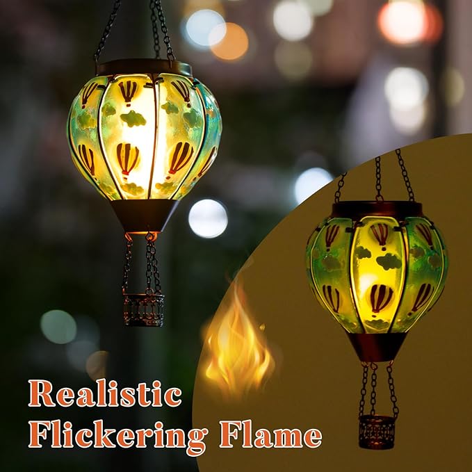 Solar Hot Air Balloon Lantern Flickering Flame, Sky Blue Glass Hot Air Balloon Solar Lantern Outdoor Waterproof, Decorative Hanging Hot Air Balloon Solar Light for Outside Garden Patio Yard