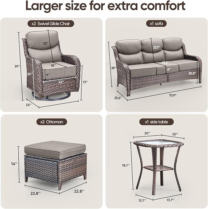Swivel Patio Chairs sofa Set of 6 - 6" Thick Cushion - Wicker Outdoor Swivel Rocker Patio Chair ,Sofa/Glass coffee table, High Back Comfortable Outdoor Glider Chairs - Brown Wicker Grey Cushions