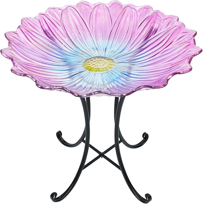 MUMTOP Outdoor Glass Birdbath with Metal Stand for Outside Yard Garden Decor, 18 inch Diameter Pink Bird Baths Bowl for Outdoors, 21 inch Height