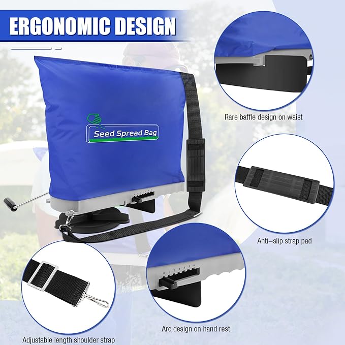 Zipcase 25lb Bag Seed Spreader with Waterproof Bag, Rare Baffle and Accurate Gears, Handheld Grass Seed Spreaders for Lawns, Blue