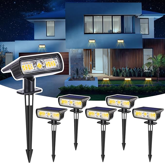 Toodour Solar Spot Light Outdoor, 6 Pack Solar Lights Outdoor with 2 Modes, Waterproof Solar Powered Flood Lights Landscape Lighting for Yard Garden Home Pathway Walkway Outdoor Decor - Warm White