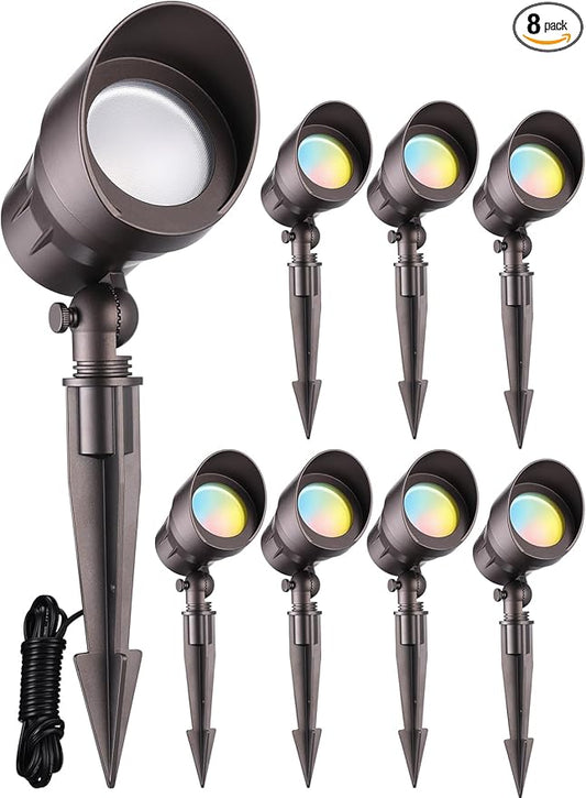 LEONLITE 8-Pack 5CCT Low Voltage LED Landscape Spotlight, Update 1800K2700K3000K4000K5000K Selectable, 5W 12V Pathway Lights Outdoor, CRI90, Aluminum Spot Lights for Yard, ETL Listed, IP65 Waterproof
