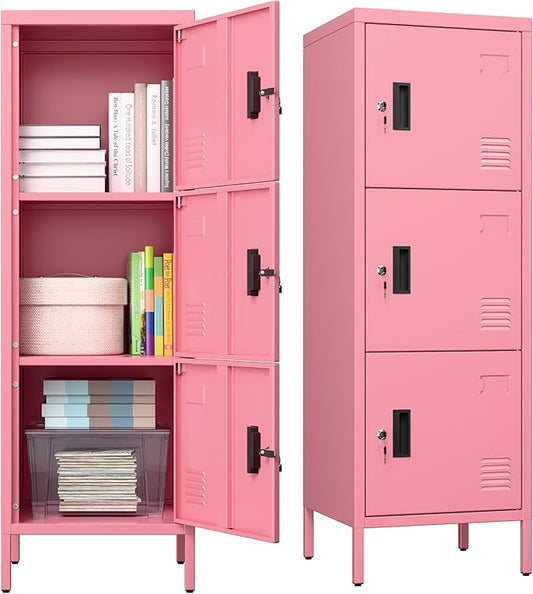 METAN Metal Storage Employees Locker with 3 Lockable Doors,47''H*16''W*16''D Locking Storage Cabinets for Small Spaces,Home,School,Gym,Assembly Required,Pink