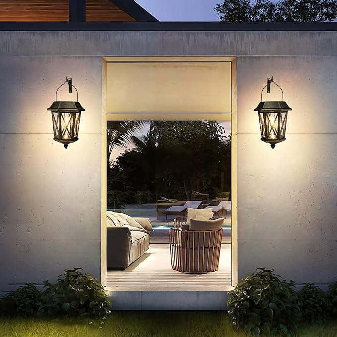 Solar Lantern Outdoor Waterproof, Metal Solar Lights Outdoor with Clear Glass, LED Solar Powered Lights Wall Mount for Yard Garden Wall Outdoor, Bronze - 2 Pack