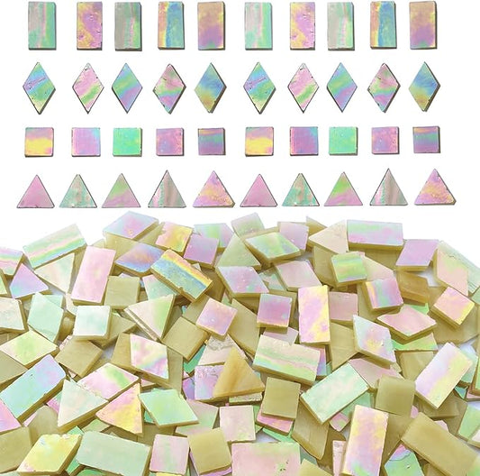 Magic Iridescent Tan Stained Glass Mosaic Tiles for Crafts, Stained Glass Pieces Mosaic Kit for Adults Kids, 280 Pieces Mixed 4 Shapes