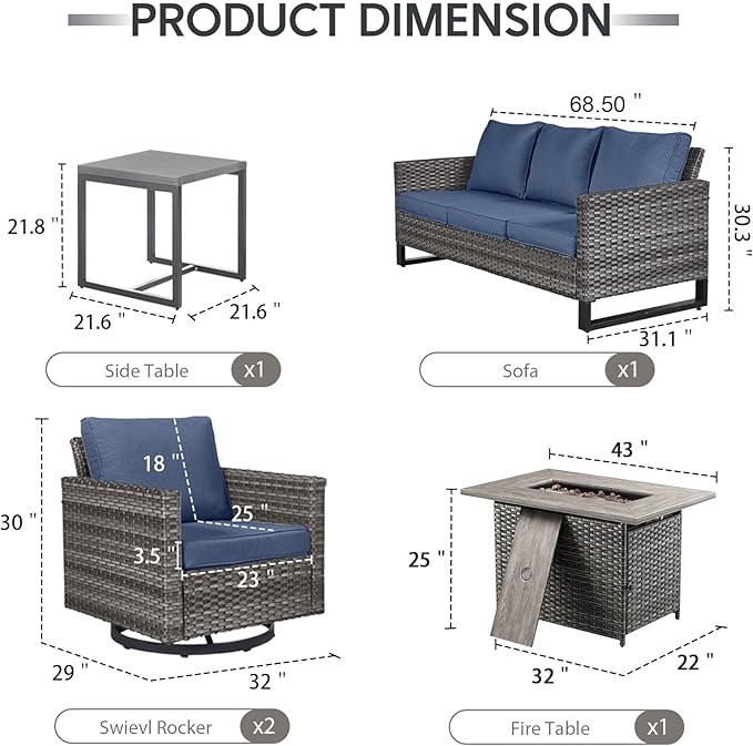 5 Piece Wicker Patio Furniture with Fire Pit Table - Outdoor Conversation Set with 50,000 BTU Fire Pit, All Weather Rattan Patio Set for Deck Backyard Garden - Grey Wicker Blue Cushion