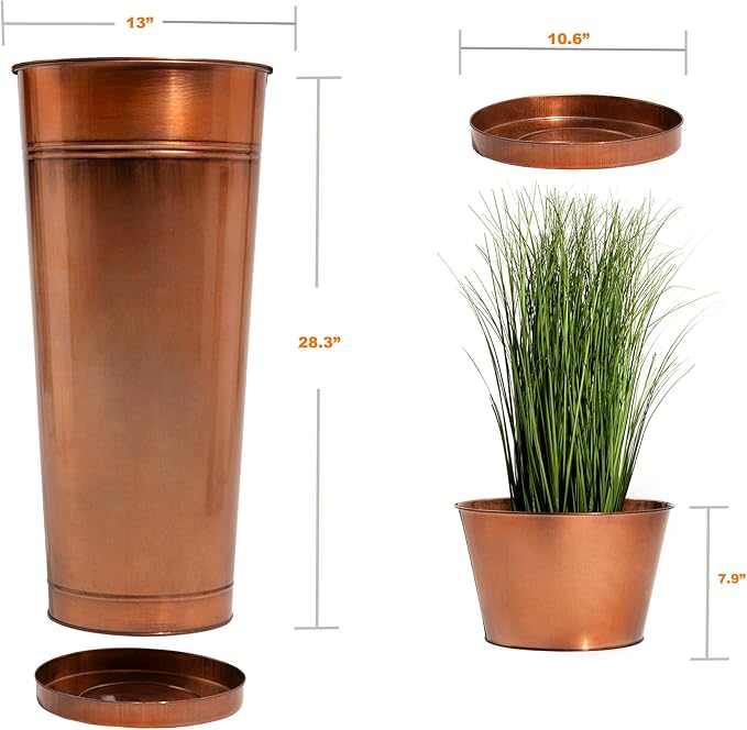 28in Tall Antique Copper Metal Vintage Planter Set of 2,Galvanized Steel Planter Pots for porches/Indoor/terraces Patio- Copper Color(2planters,2inner pots with Holes, 2trays)