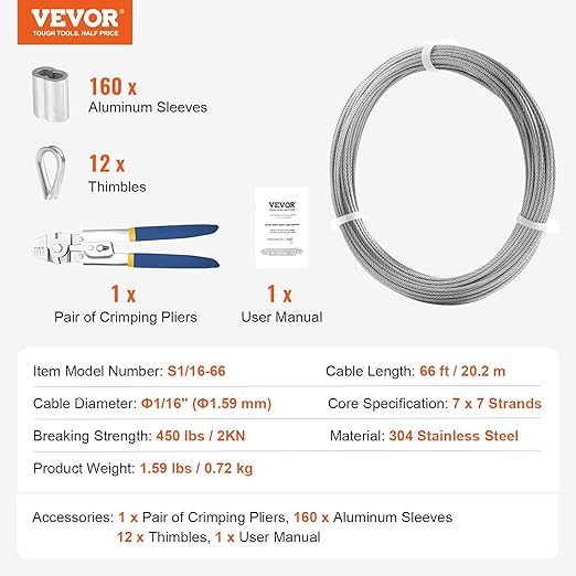 VEVOR 1/16 Wire Rope Kit, 66 FT Wire Rope Crimping Tool 304 Stainless Steel Cable, 160 Sleeves, 12 Thimbles, 7x7 Strands Construction Marine Aircraft Grade for Handrail Stair Decking Fence Outdoors