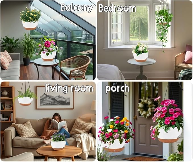 2 Pack 12 Inch Large Hanging Planters with Chains Self Watering White Brown Plastic Hanging Pots for Indoor Outdoor Plants, Garden Porch Home Decor，White Brown