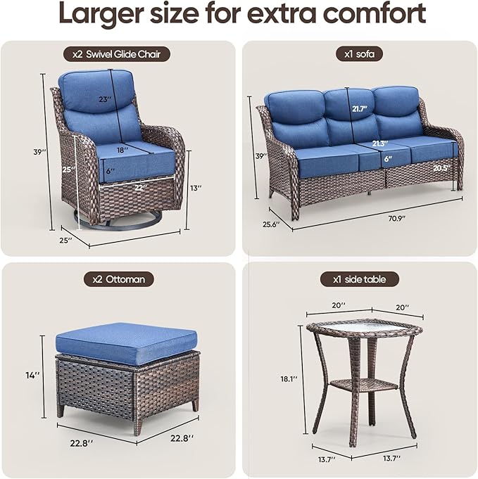 Swivel Patio Chairs sofa Set of 6 - 6" Thick Cushion - Wicker Outdoor Swivel Rocker Patio Chair ,Sofa/Glass coffee table, High Back Comfortable Outdoor Glider Chairs - Brown Wicker Blue Cushions