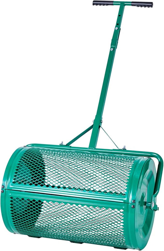 VEVOR Compost Spreader, 24 in Wide Peat Moss Spreader with Push/Tow Handle, 4 Heights Adjustable, Powder-Coated Steel Garden Peat Moss Roller, Heavy Duty Grass Seed Spreaders for Planting Seeding