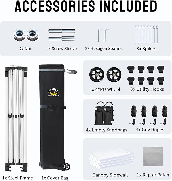 CROWN SHADES 10x15 Pop Up Canopy Tent, Thicken Frame Commercial Heavy Duty Tent, 4 Sidewalls 8 Stakes & 4 Sandbags & 4 Ropes, Outdoor Canopies for Events, Parties,White