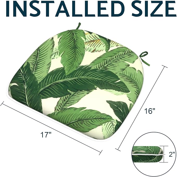 Indoor/Outdoor Chair Cushions 16x17 Inch, Patio Chair Cushions with Ties, All Weather Seat Cushions for Patio Furniture Home Garden Chair Use, Set of 2, Swaying Palms Green