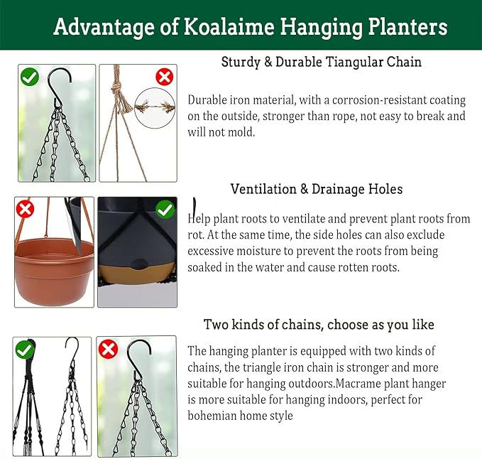 2 Pack Hanging Planters Set,10 Inch Indoor Outdoor Hanging Plant Pot Basket,Hanging Flower Pot with Drainage Hole with 3 Hooks for Garden Home… (Black Hanger Black Planters)
