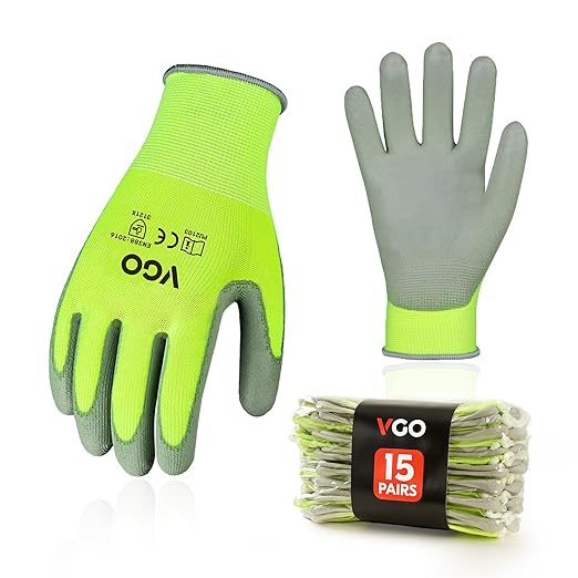Vgo... 15-Pairs Safety Work Gloves, Gardening Gloves, Polyurethane Coated, Dipping Gloves, Latex Free (Size S, Yellow, PU2103)