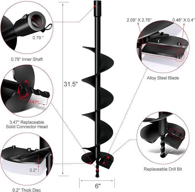 LONGRUN Post Hole Auger for Garden Fence Post, 6" x 31.5" Earth Auger Drill Bit, 0.79”(20mm) Inner Shaft Auger Bit for Planting Trees and Bedding, Bulbs, Seedlings, Gardening, Large Fencing Digger