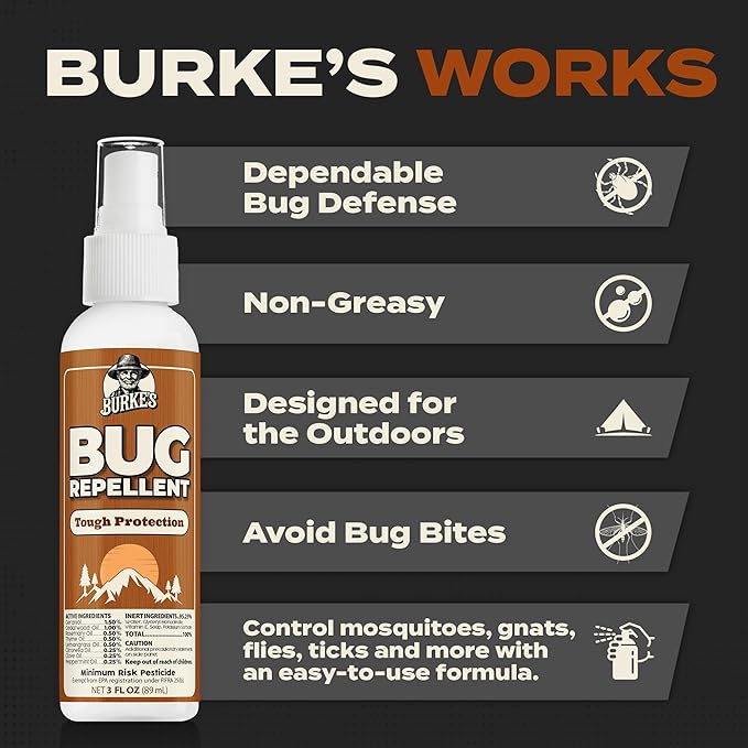 Burke’s Bug Repellent Spray – DEET-Free, Kid & Pet Safe Insect Repellent for Mosquitoes, Ticks, and Gnats – Travel Size, Natural Essential Oils, Outdoor Protection, 3 oz (90mL)