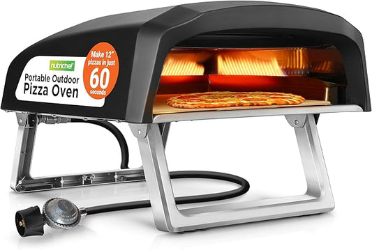 NutriChef Portable Outdoor Gas Pizza Oven - Includes Foldable Feet, Adjustable Heat Control Dial, Burner, Stone & Regulator Hose - Cooks 12" Pizza in 60 Seconds - 25.24'' x 16.14'' x 12.40'' IN