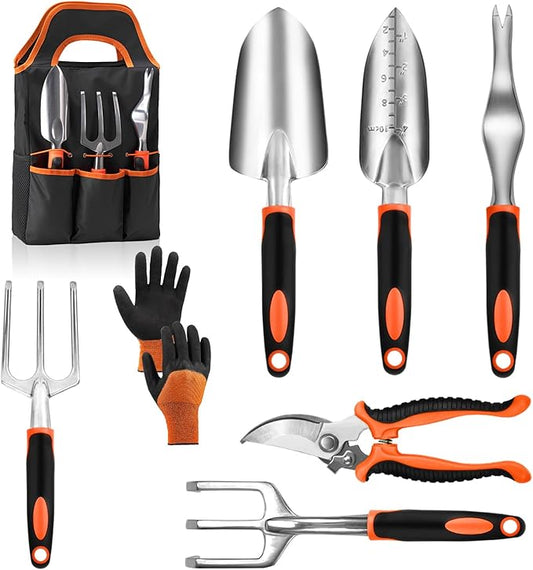 Garden Tool Set with Non Slip Rubber Grip,8 Piece Stainless Steel Gardening Tool Sets,Heavy Duty Outdoor Hand Tools Durable Storage Tote Bag,Uprooting Weeding Tool, Gifts for Women Men(Orange)