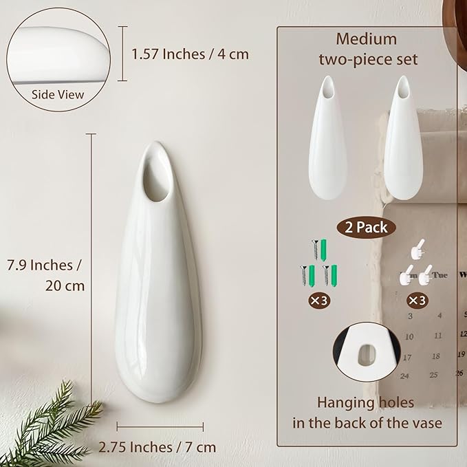 2 Pack White Ceramic Wall Vases,7.9 Inch Wall Hanging Plant Holder,Cubicle Modern Decor Plant Holder Vase for Indoor Plants, Hanging Propagation Flower Pots for Air Vases