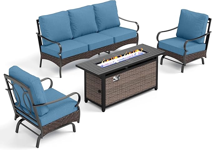 Patio Furniture Set with 56" Fire Pit Table, Premium Outdoor Wicker Metal Frame Furniture with Upgraded Waterproof Thick Cushions for Porch, Poolside, Deck, and Yard （4 Pieces,Navy
