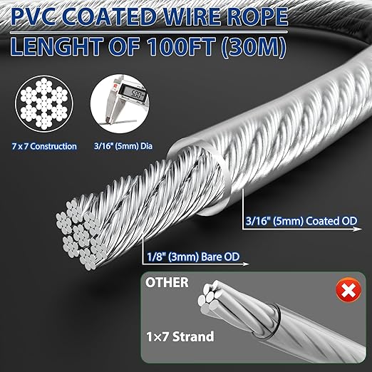 3/16" Wire Rope, 304 Stainless Steel Turnbuckle Wire Tensioner Kit, 100 Ft PVC Coated Steel Cable w/ 7×7 Strand Core for Decking Stair Railing, Shade Sail, String Light Hanging, Clothes Line