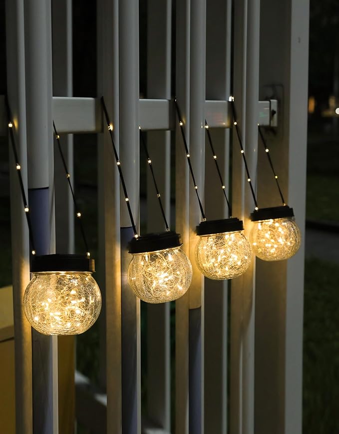 Solar Lantern Solar Lights Outdoor Waterproof 2-Pack, Solar Powered Hanging Lights Cracked Glass Hanging Globes for Christmas Decoration, Shepherd Hook, Garden Tree Ornaments