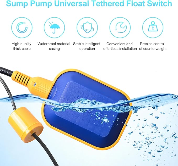 (With Counterweight) Sump Pump Universal Tethered Float Switch AC 15A 110~250V Piggyback Style Plug with 10 Feet Cord, Used in Sewage Pump, Water Tank, Septic Tank Pump, etc.