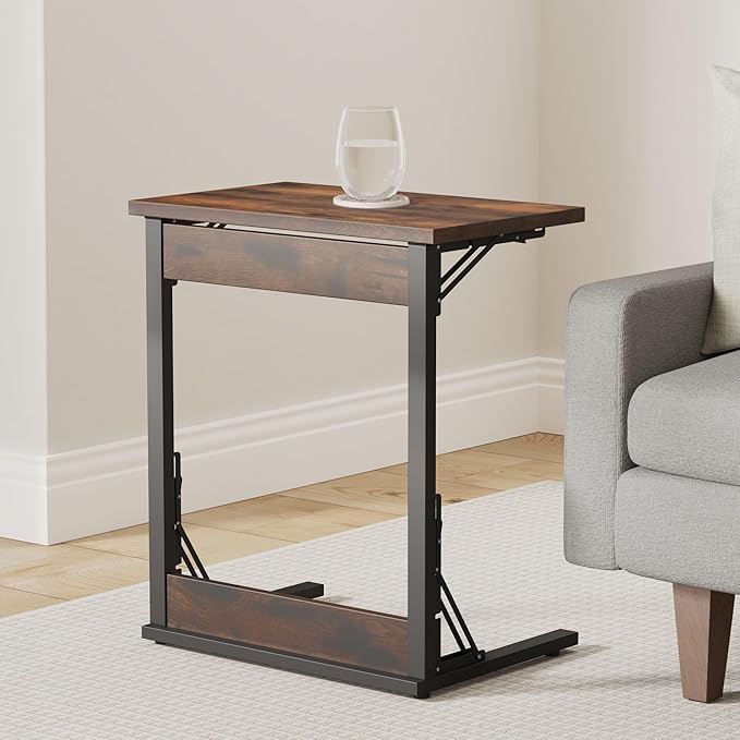 Tatub 24" Folding C Shaped End Table Set of 2, Small Sofa Side Laptop Desk, Couch TV Tray Table for Living Room, Bedroom, Rustic Brown