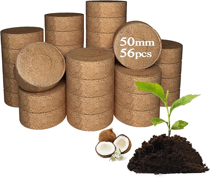 56 Pcs 50mm Compressed Coconut Coir Potting Soil,Coco Coir Pellets for Plants,Coco Fiber Pellets for Planting, Garden, Bonsai, Vegetables & Flower