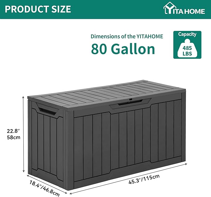 YITAHOME 80 Gallon Outdoor Storage Box, Large Water Resistant Resin Deck Box, Indoor Outdoor Lockable Storage Container for Patio, Garden, Cushions, Tools, Equipment (Dark Gray)