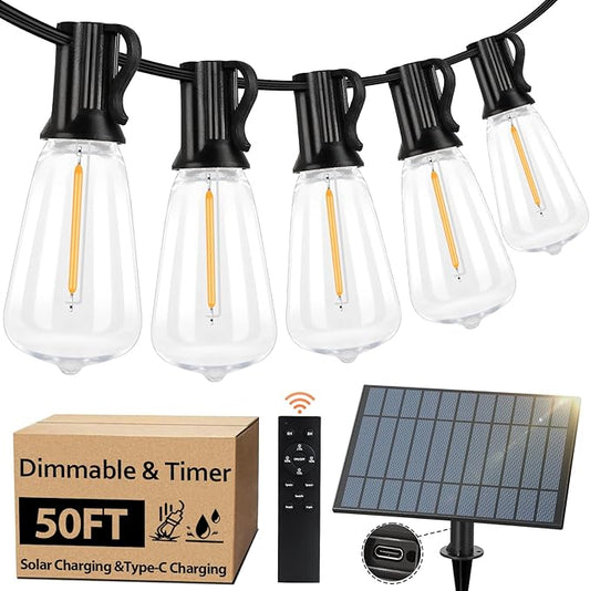 Bosceos 50 FT Solar String Lights for Outside, Solar Powered Outdoor String Lights, Dimmable Patio Lights with Remote Timer, 3 Lighting Modes Hanging Lights Waterproof for Christmas Wedding Tents