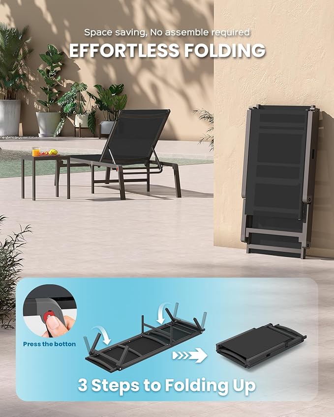 Pool Lounge Chairs Set of 2, Foldable Aluminum Chaise Lounge Outdoor with 5 Positions Recliner - Free Assembly - Patio Chaise Lounge Chair for Poolside, Beach, Yard (Black, 2 Pack)