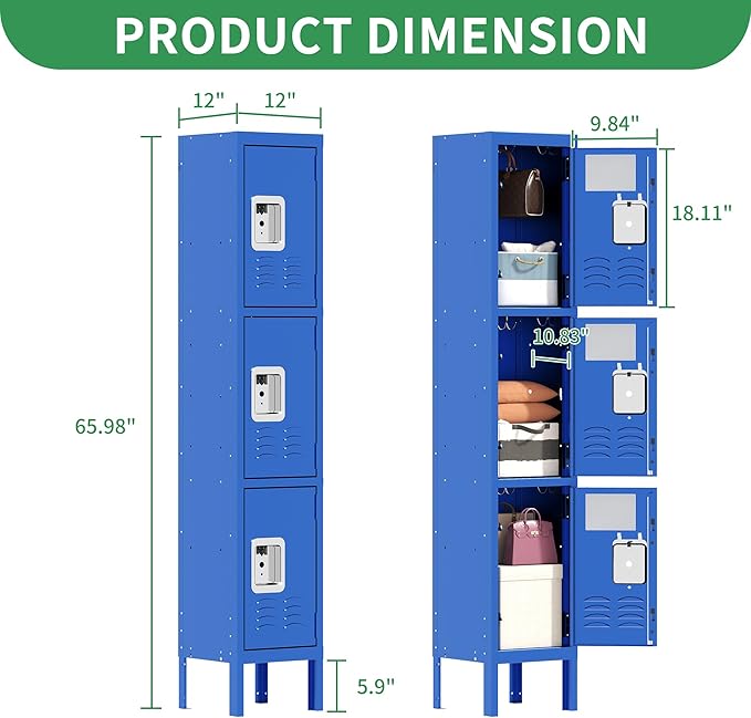 Metal Lockers for Employees, Storage Employee Locker, Storage Lockers with Shelves Steel Cabinet for Home (Blue, 3 Door)
