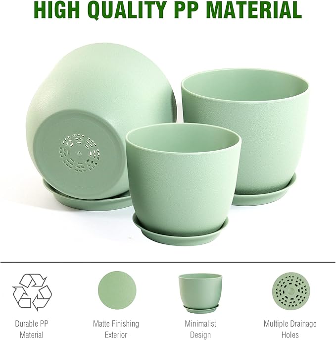 12/10/9 Large Modern Plant Pots, Plastic Planters with Drainage Holes and Saucers for Indoor Outdoor Plants Flowers, Green