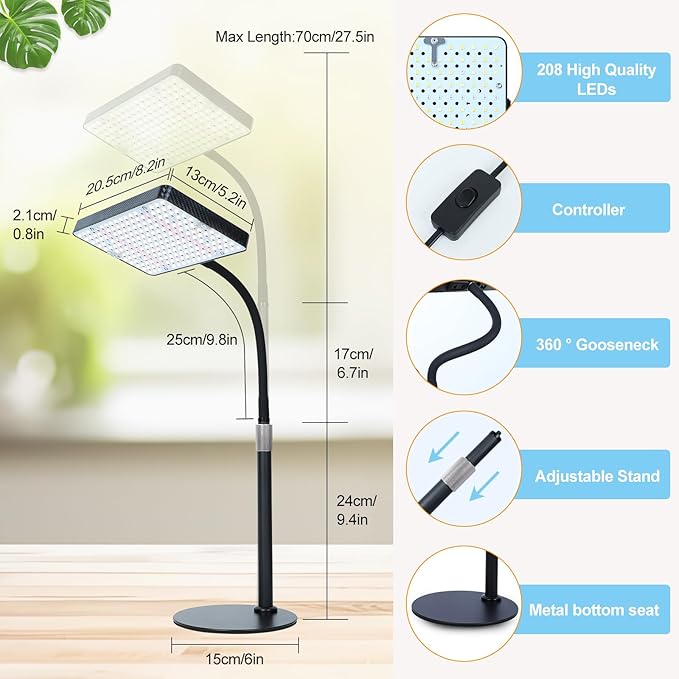 25 Watt Power Table Top Grow Lights for Indoor Plants, Seed Starting, Bonsai, 2500 Lumen Enough Bright Like A Small Sun for Your Jungle, Daisy Chain Function, 16"-24" Height Adjustable, Plug-and-Play