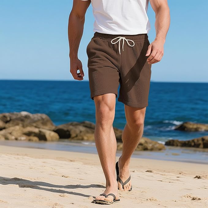 Mens Cargo Shorts Casual Drawstring Elastic Waist Corduroy Summer Beach Shorts with Pockets