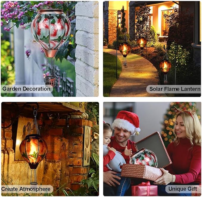 2PC Hot Air Balloon Solar Lantern with 2PC Shepherd Hook, Flickering Flame Hanging Solar Lanterns Outdoor Lights Waterproof Lanterns for Garden Patio Yard Party Decor (Hummingbirds & Flowers)