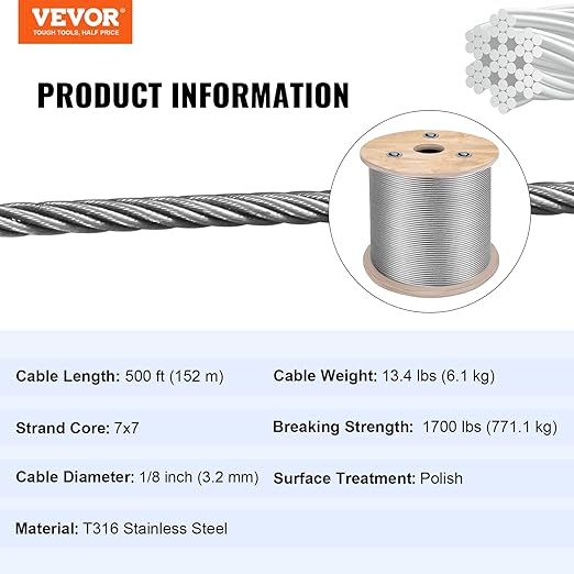 Mophorn Stainless Steel Cable Railing 1/8"x 500ft, Wire Rope 316 Marine Grade, Braided Aircraft Cable 7x7 Strands Construction for Deck,Rail,Balusters,Stair,Handrail,Porch,Fence