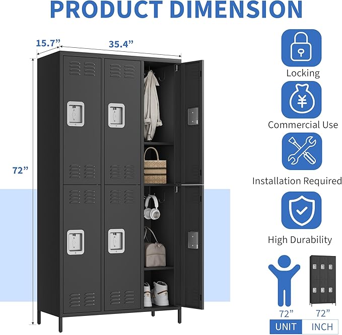 6 Doors Employee Lockers for Office, Metal Sorage Locker Combination, Lockable Employees Metal Locker With Door, Industrial Storage Lockers for Home, School, Gym