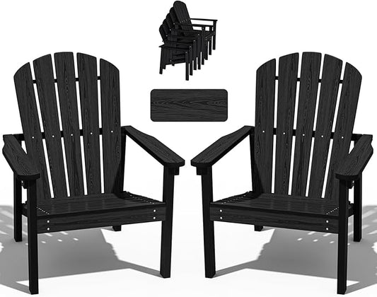 Stackable Adirondack Chair Set of 2, HDPE Outdoor Patio Chair - Durable and Space Saving, Suitable for Porches, Lawns or Garden, Black